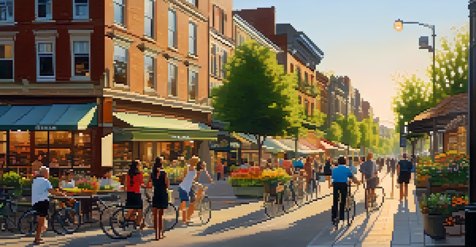 A vibrant city street filled with people, cafes, and lush greenery illuminated by the warm glow of the setting sun.