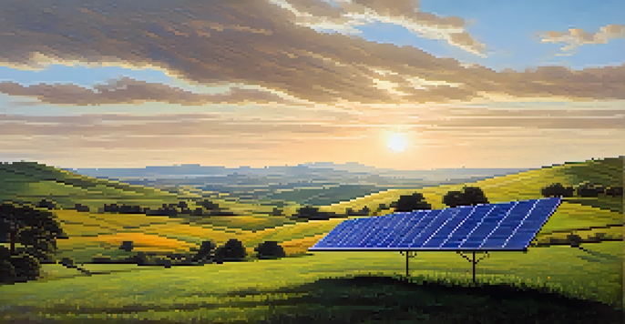 A peaceful landscape showing solar panels on green hills under a sunny sky with clouds.