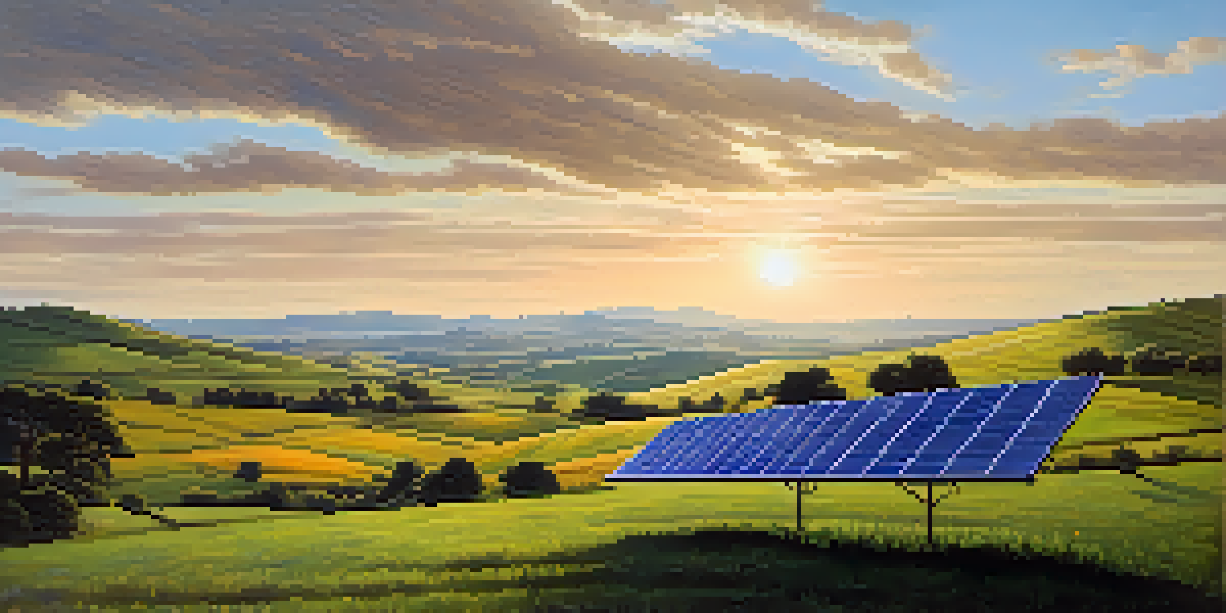 A peaceful landscape showing solar panels on green hills under a sunny sky with clouds.