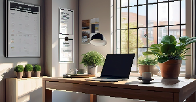 A bright office space with a wooden desk, laptop, potted plant, and motivational decor.