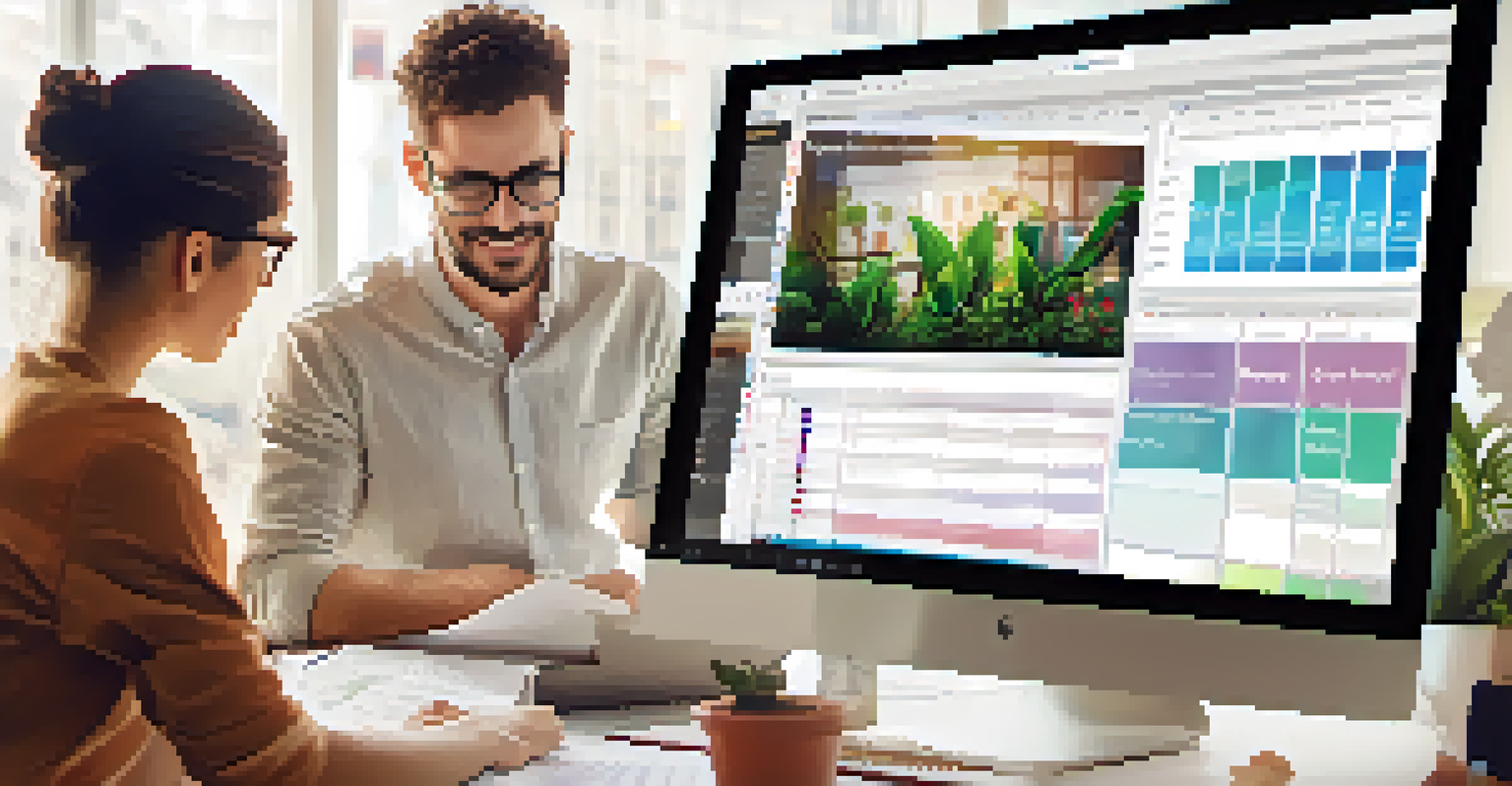 A close-up of three professionals collaborating on a project using a digital tablet in a cozy workspace filled with plants.
