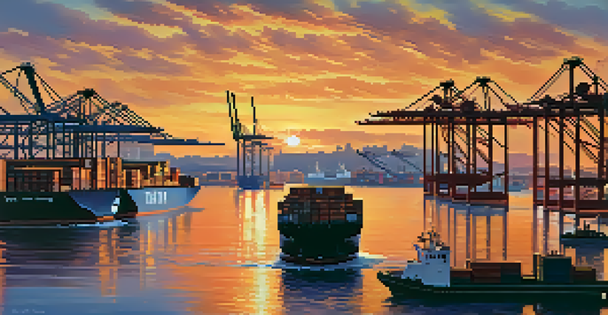 A busy international trade port during sunset with cargo containers, cranes, and ships, reflecting colorful skies on the water.