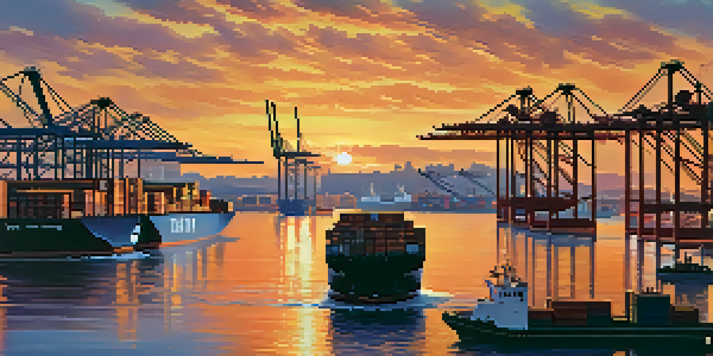 A busy international trade port during sunset with cargo containers, cranes, and ships, reflecting colorful skies on the water.