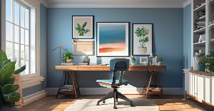 A cozy home office with a wooden desk, laptop, and potted plant, illuminated by natural light.