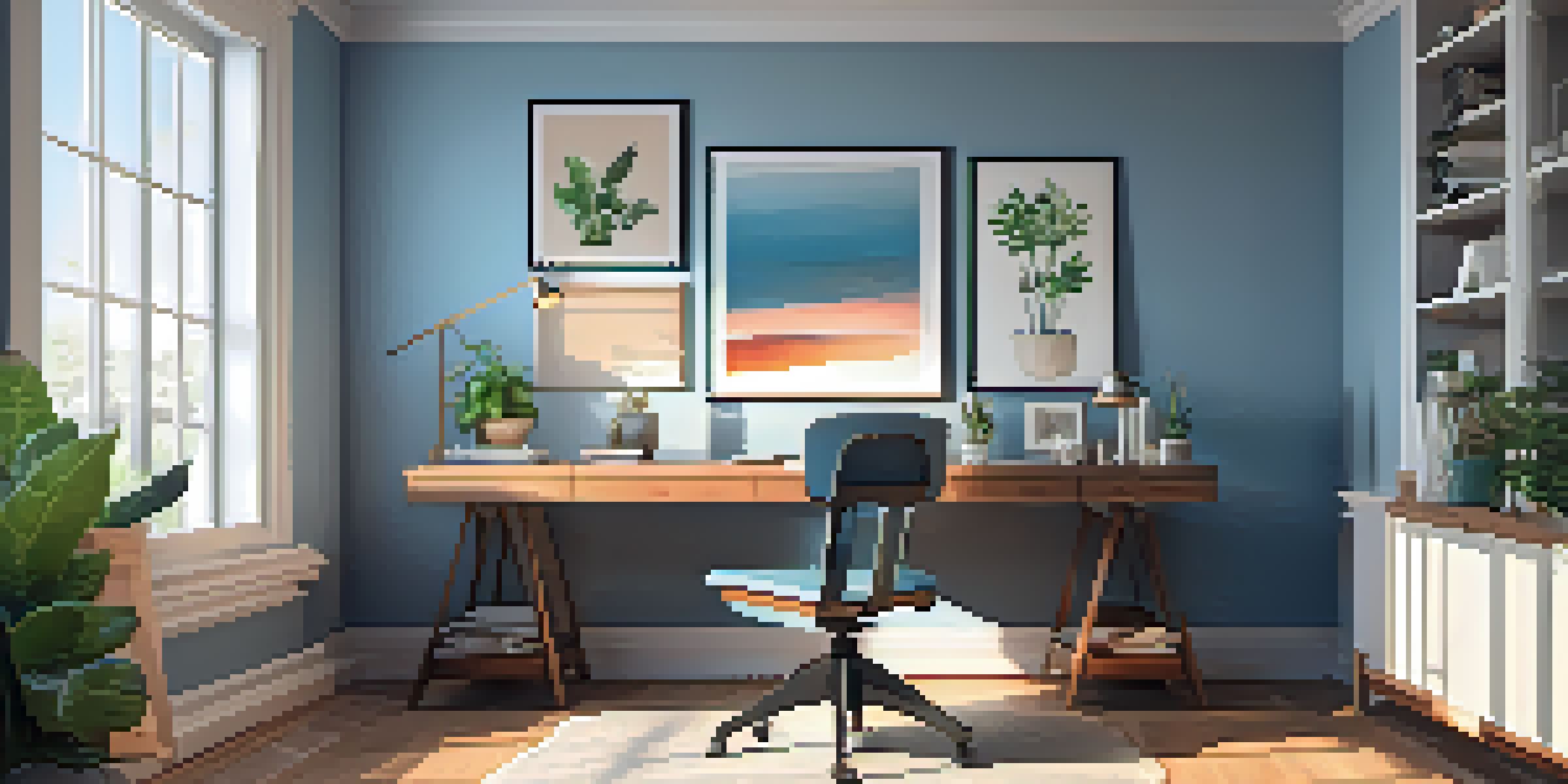 A cozy home office with a wooden desk, laptop, and potted plant, illuminated by natural light.