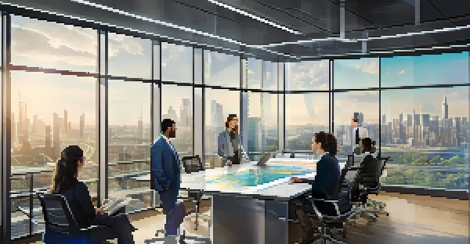 A diverse team of professionals in a bright office collaborating with digital screens and a robotic assistant.