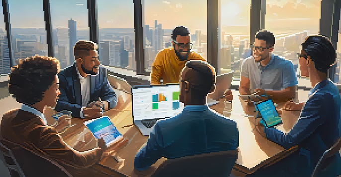 A diverse group of entrepreneurs discussing crowdfunding ideas in a modern office with financial graphs on their devices.