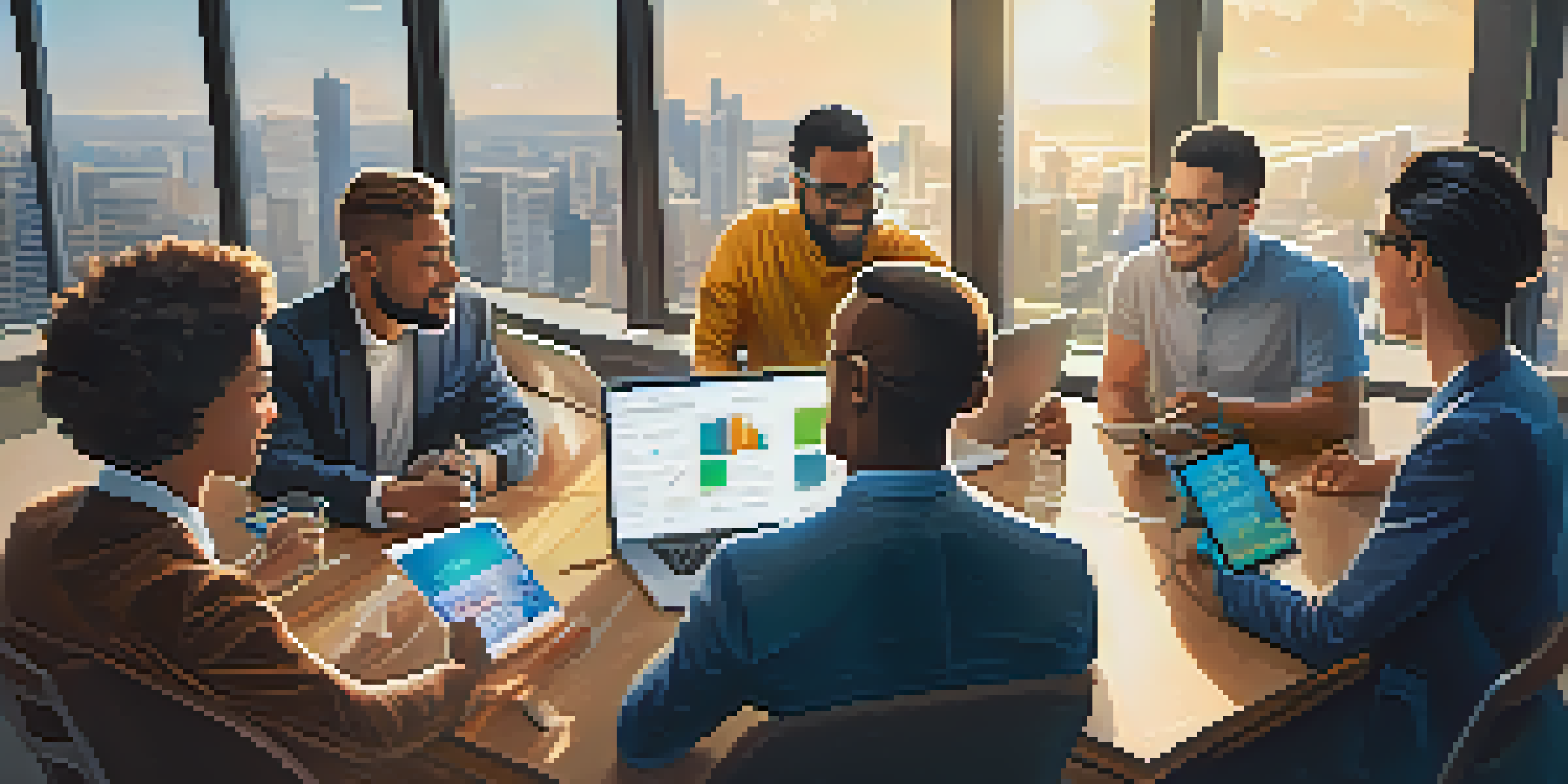 A diverse group of entrepreneurs discussing crowdfunding ideas in a modern office with financial graphs on their devices.