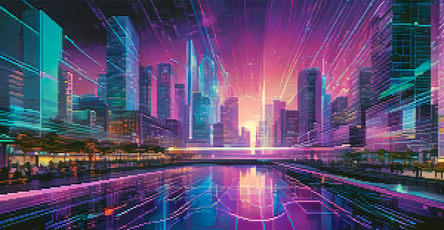 An abstract cityscape with digital data streams and glowing analytics charts.