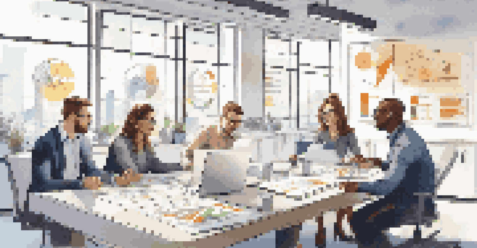 A diverse group of employees in a bright office, working together and discussing ideas around a table covered with charts and graphs.