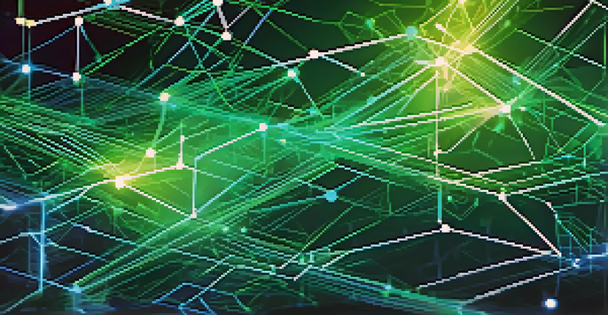 A detailed digital representation of a blockchain network, showing interconnected blocks and data flow with glowing effects.