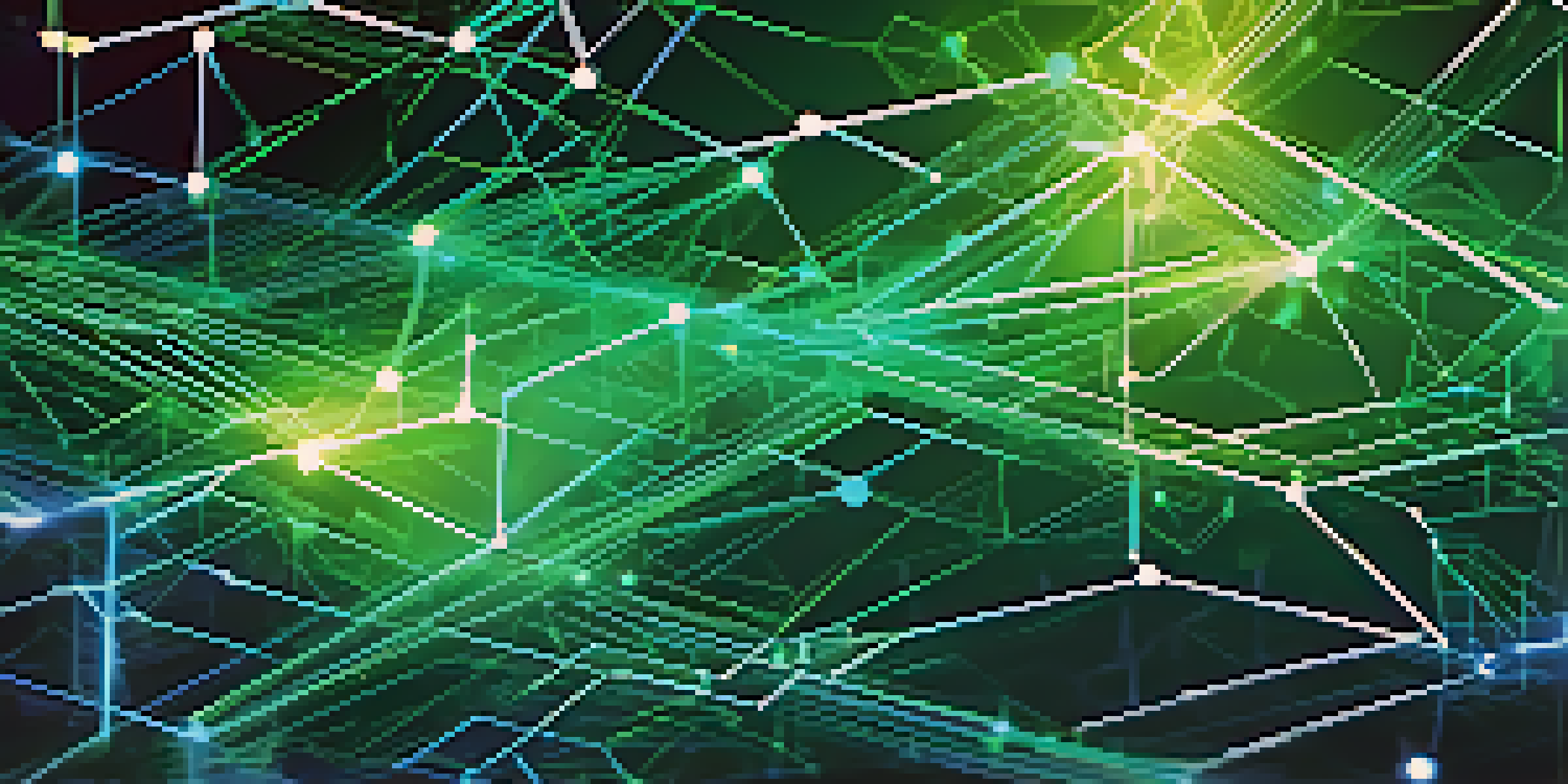 A detailed digital representation of a blockchain network, showing interconnected blocks and data flow with glowing effects.