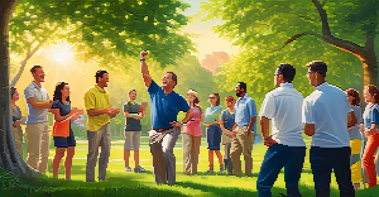 A leader facilitating a fun outdoor team-building activity in a green park with happy employees participating.