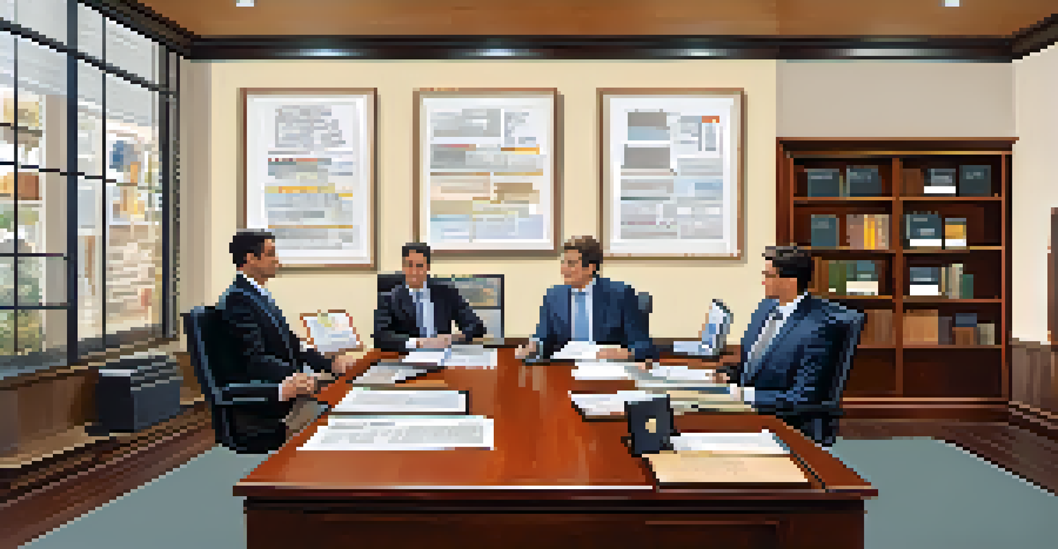 A professional office with advisors discussing a succession plan, surrounded by books, charts, and a bright atmosphere.
