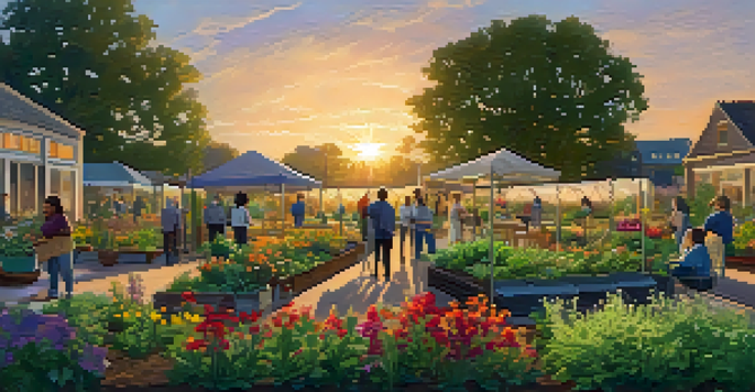 A community garden with diverse plants where professionals engage in conversation under a golden sunset.
