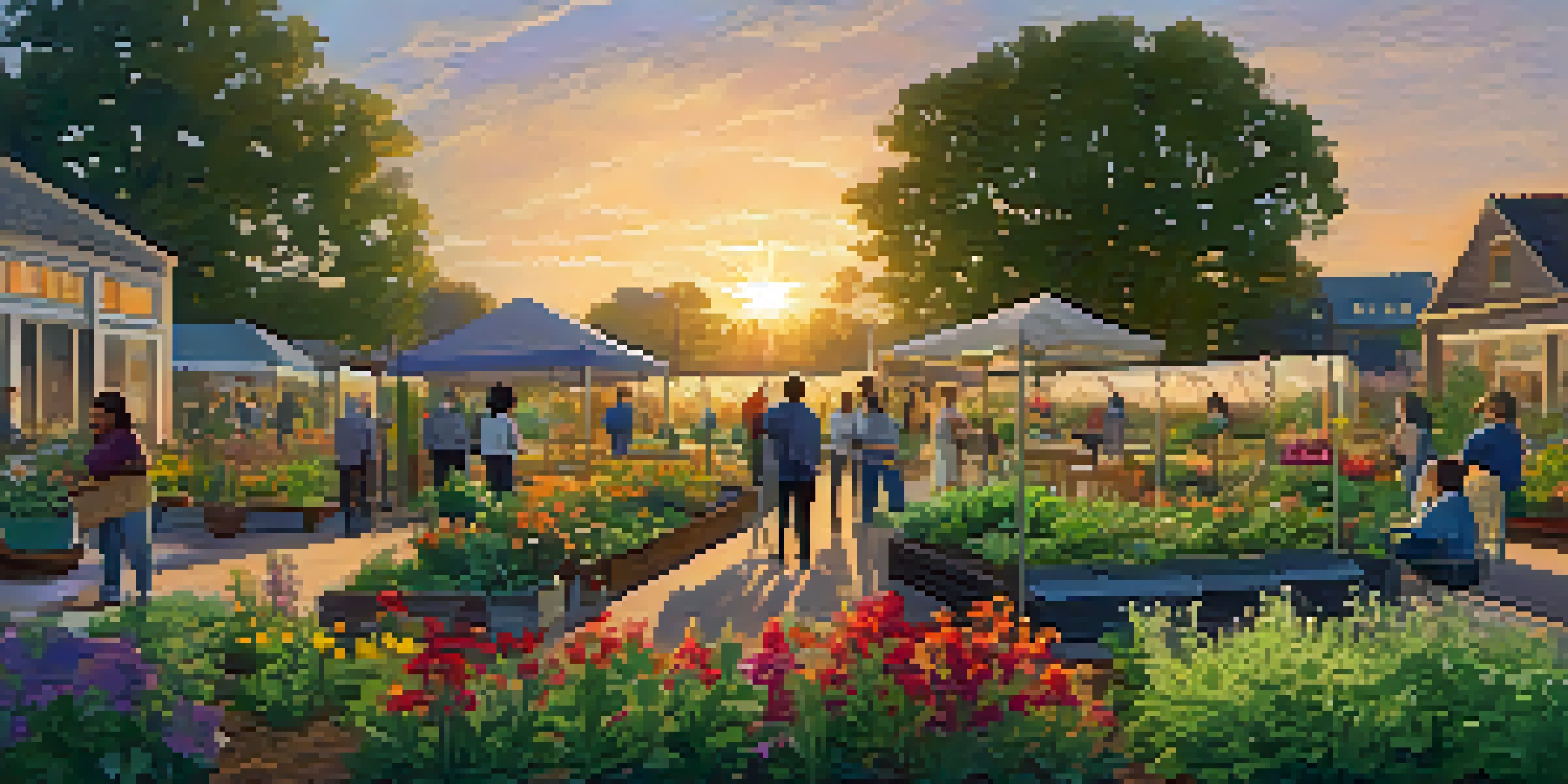 A community garden with diverse plants where professionals engage in conversation under a golden sunset.