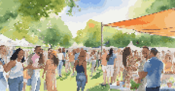 A sunny park event with diverse influencers showcasing products and engaging with followers amidst greenery and colorful banners.