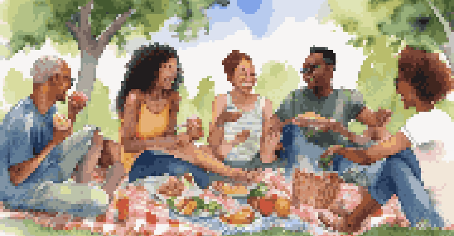 A diverse group of friends sharing a picnic, smiling and enjoying food together on a sunny day in a park.