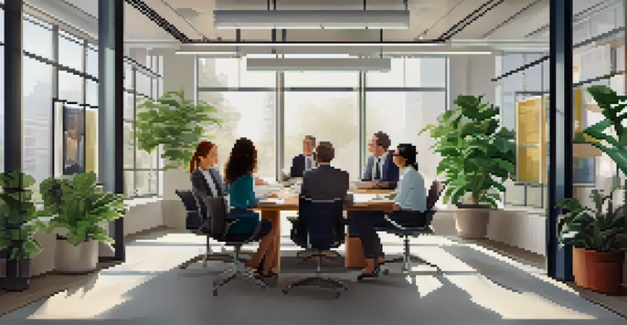 A diverse group of professionals having a constructive discussion in a well-lit office with plants and motivational posters.