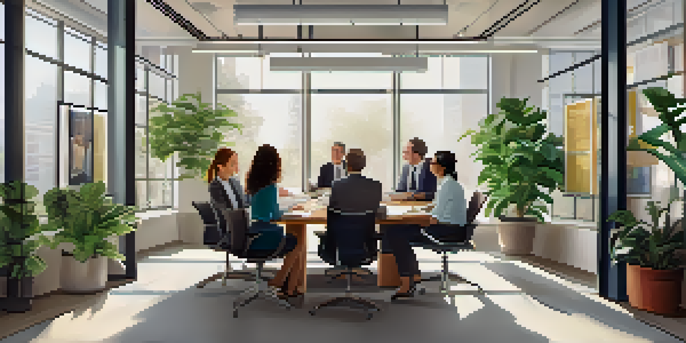 A diverse group of professionals having a constructive discussion in a well-lit office with plants and motivational posters.