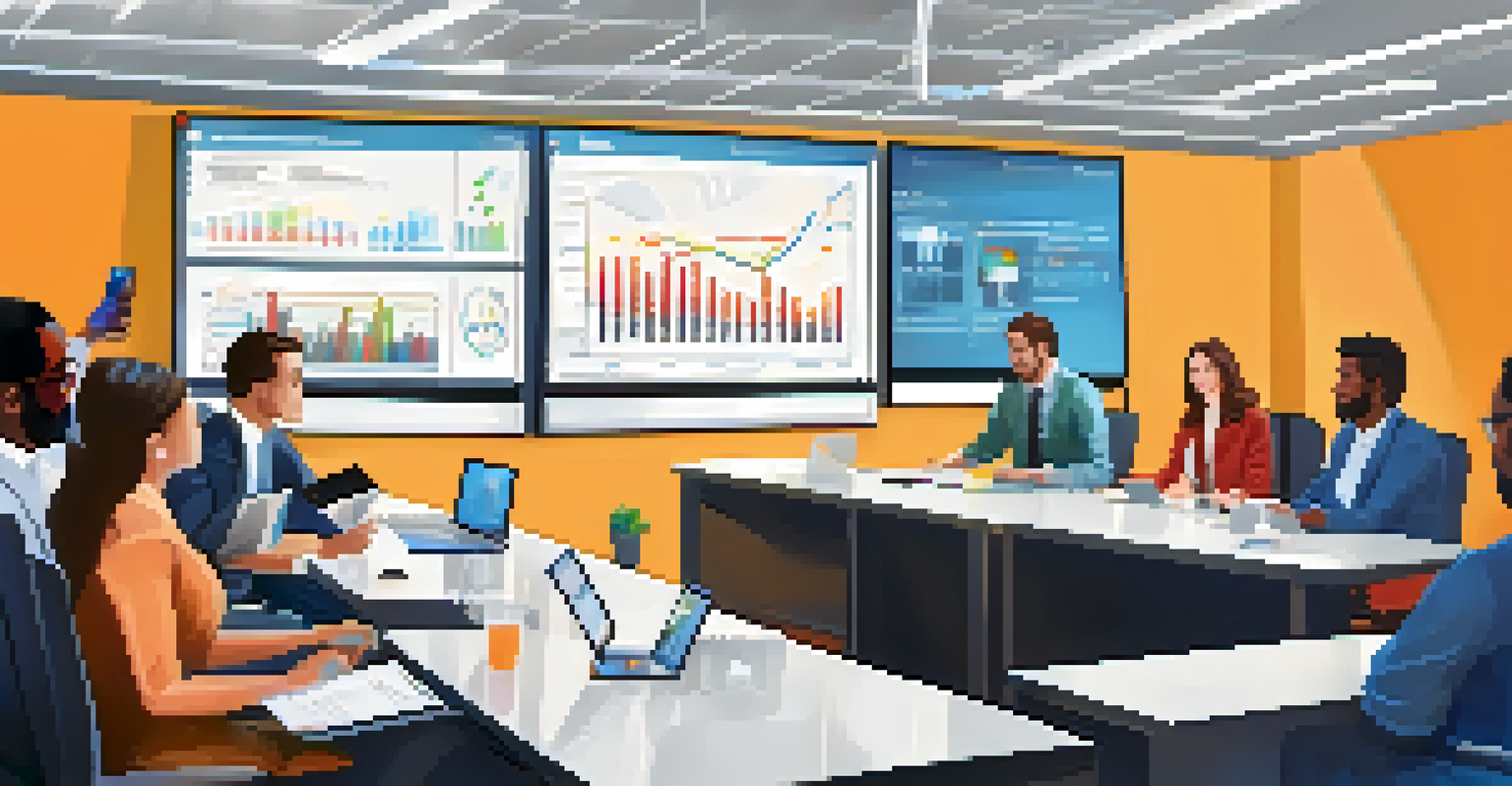 A team meeting in a conference room with employees analyzing data on laptops and projectors.