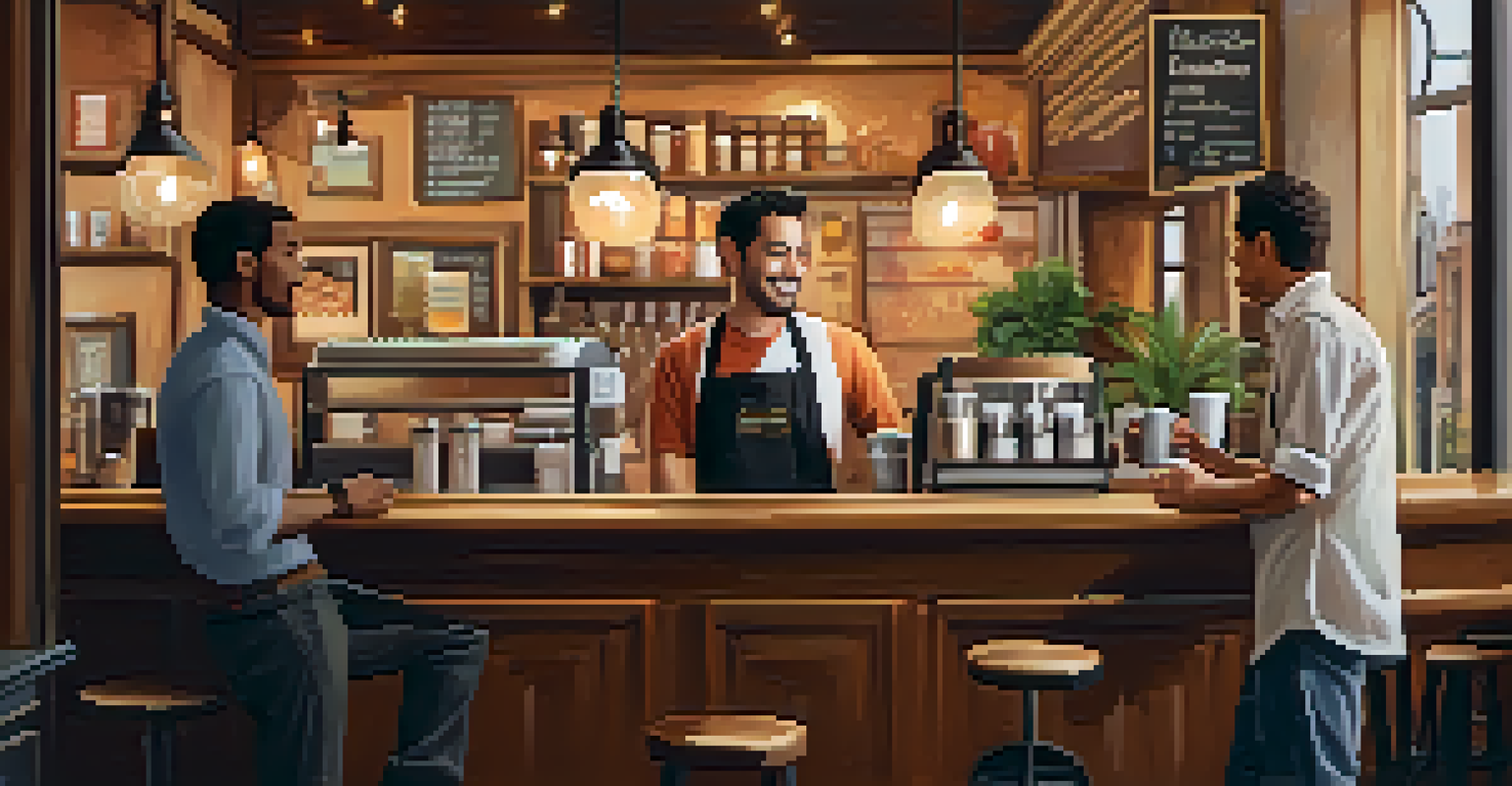 A barista in a coffee shop taking feedback from a customer while serving coffee, with a cozy atmosphere.