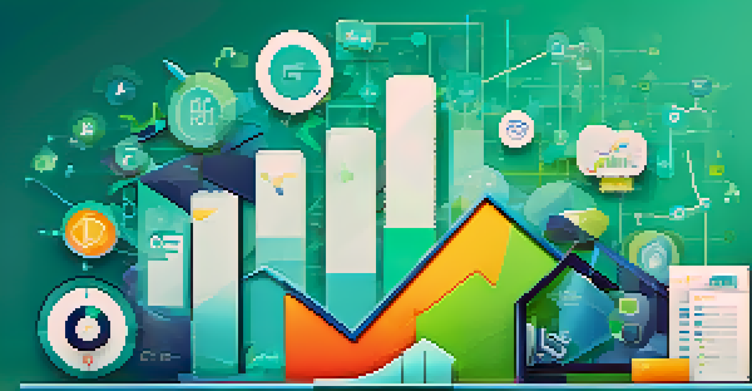 An abstract depiction of revenue growth metrics with a graph and business icons in vibrant colors.