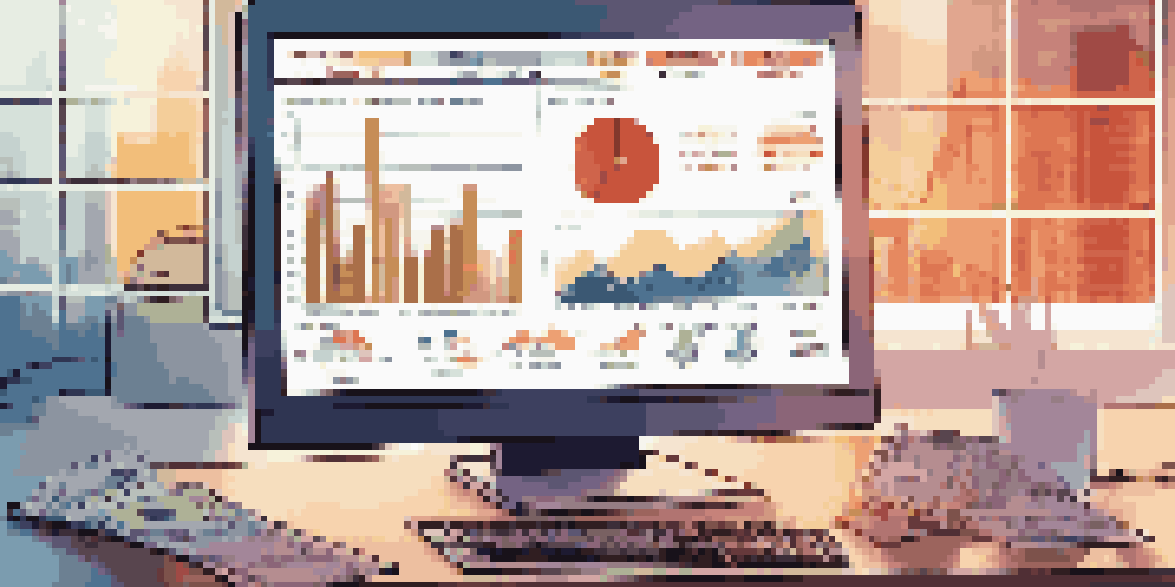 A digital financial dashboard on a computer screen, featuring charts and graphs in a modern office environment.