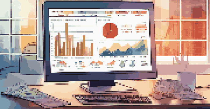 A digital financial dashboard on a computer screen, featuring charts and graphs in a modern office environment.
