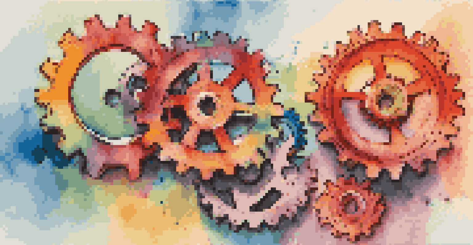 An abstract image of interconnected gears and charts in vibrant colors, representing the concept of competitor analysis.