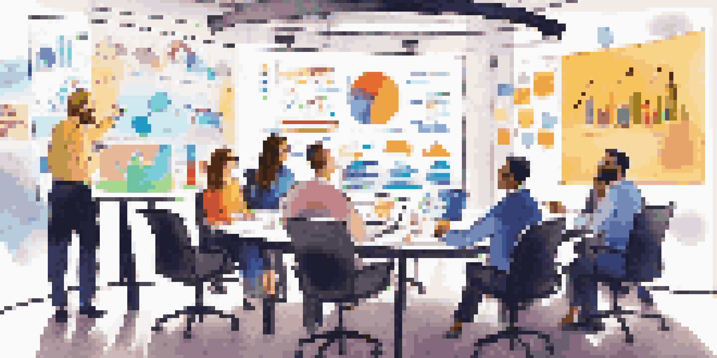 A diverse group of professionals engaged in a marketing meeting with charts on screens and sticky notes on the table.