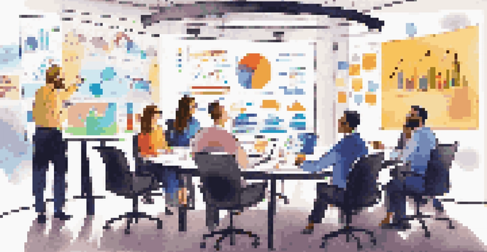 A diverse group of professionals engaged in a marketing meeting with charts on screens and sticky notes on the table.