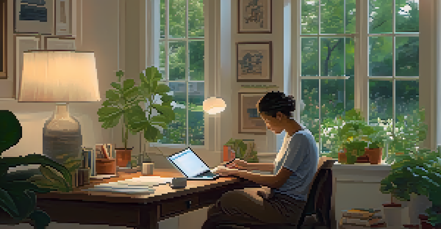 A cozy home office with a person working on a laptop, surrounded by plants and books, with a garden view outside the window.