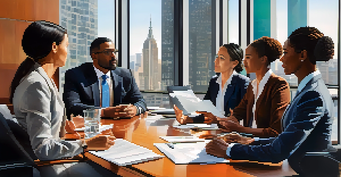 A diverse group of professionals in a boardroom discussing corporate governance, surrounded by documents and devices with a cityscape visible through large windows.
