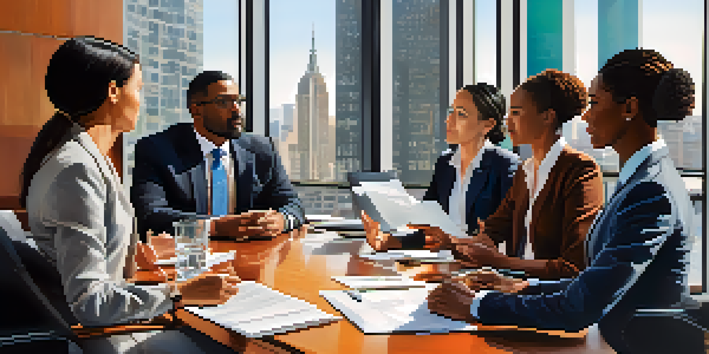 A diverse group of professionals in a boardroom discussing corporate governance, surrounded by documents and devices with a cityscape visible through large windows.