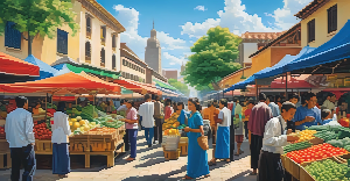 A vibrant market scene with colorful stalls, fresh produce, and diverse people interacting against a backdrop of modern and traditional buildings under a sunny sky.