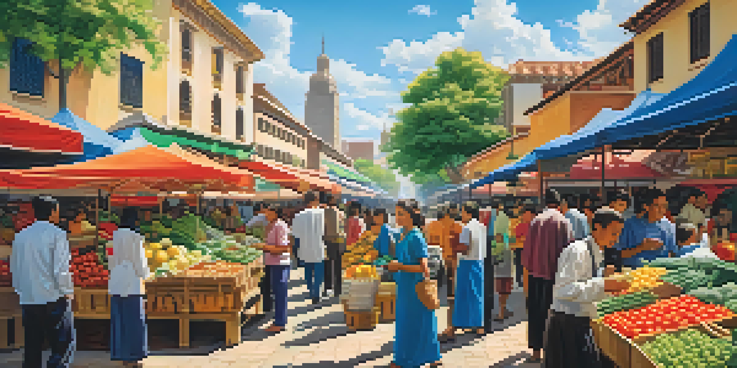 A vibrant market scene with colorful stalls, fresh produce, and diverse people interacting against a backdrop of modern and traditional buildings under a sunny sky.