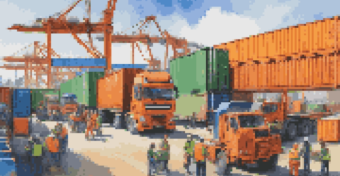 A busy logistics hub with workers coordinating shipments and cargo containers being loaded onto trucks under a blue sky.