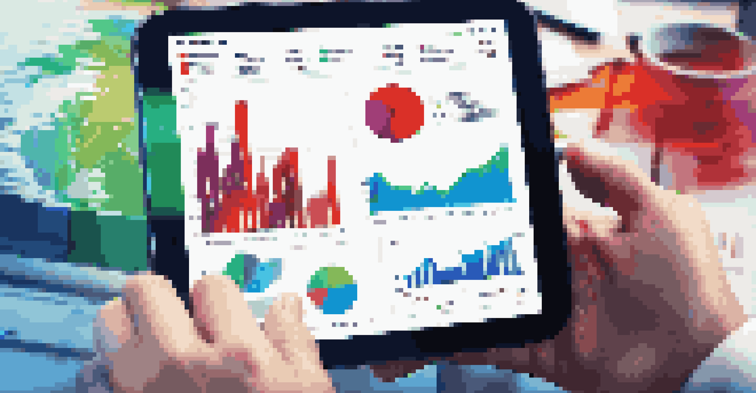 A hand holding a tablet showing colorful graphs and metrics in a busy office setting.