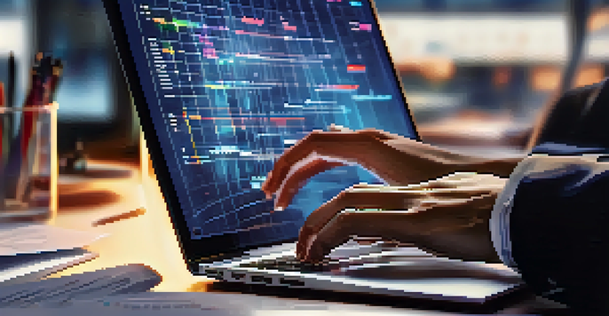 Close-up of hands typing on a laptop with digital metrics and graphs in a modern office environment.