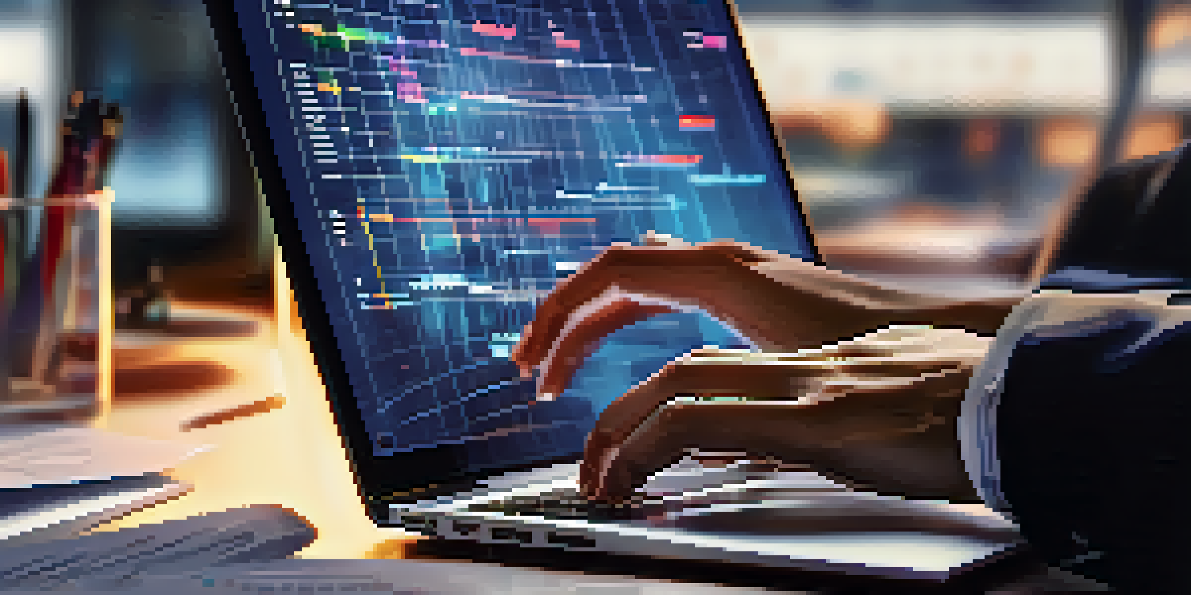 Close-up of hands typing on a laptop with digital metrics and graphs in a modern office environment.