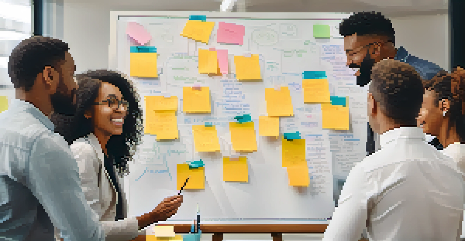 A diverse team brainstorming with sticky notes and a whiteboard, showcasing collaboration and engagement.