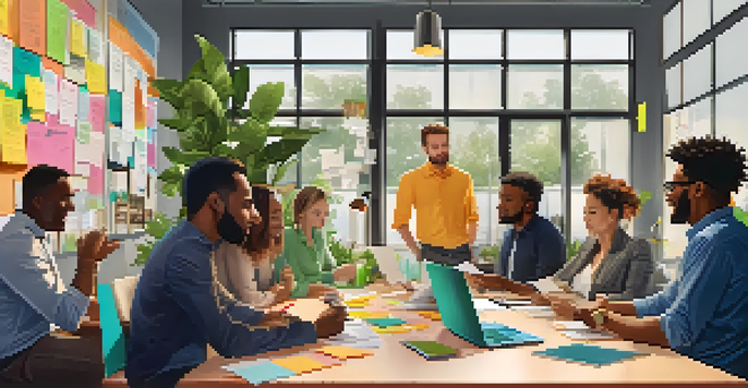 A bright and lively office environment where diverse employees are collaborating and brainstorming around a large table, with plants and motivational posters in the background.