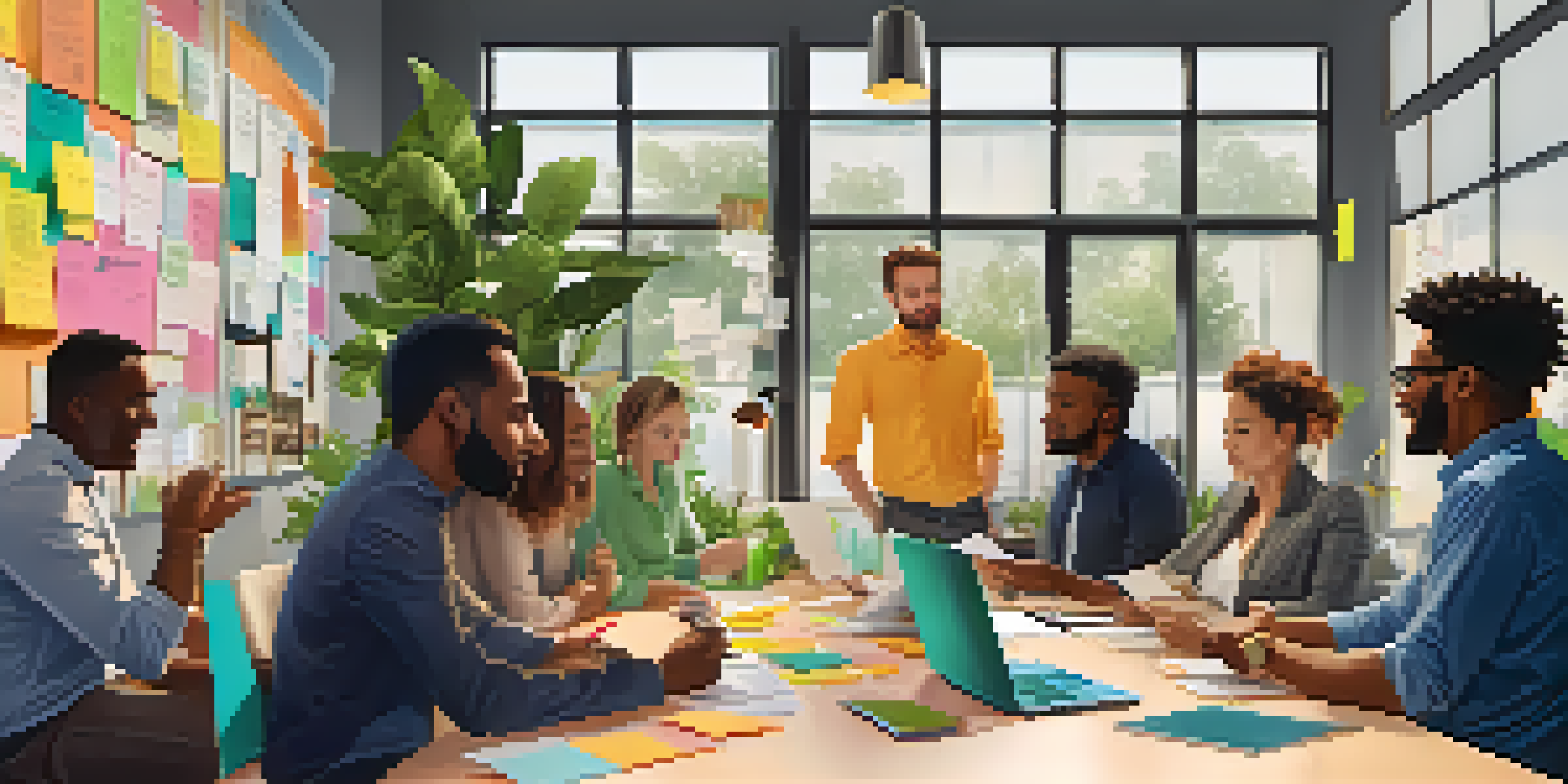A bright and lively office environment where diverse employees are collaborating and brainstorming around a large table, with plants and motivational posters in the background.