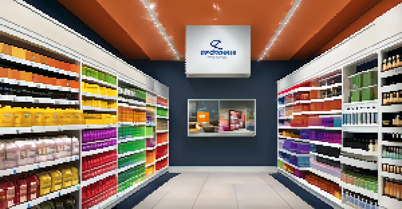 An omni-channel retail display featuring products available for purchase online and in-store, with a smartphone and computer screen.