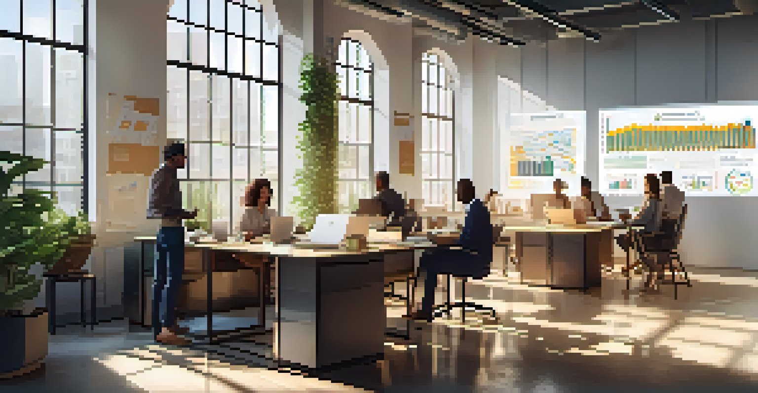 A diverse team working together in an office, discussing sustainable practices with laptops and charts, illuminated by sunlight.