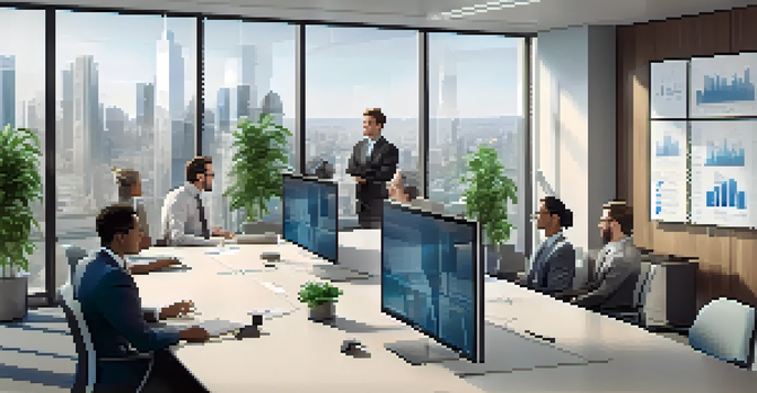 A bright and modern office with employees participating in a video conference, showcasing a collaborative environment.