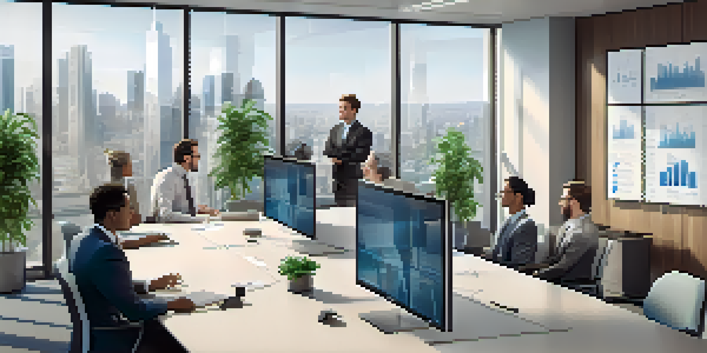 A bright and modern office with employees participating in a video conference, showcasing a collaborative environment.