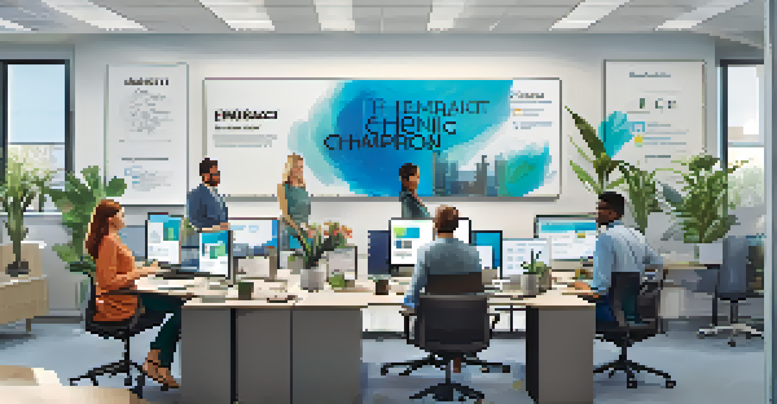 An office workspace promoting a culture of continuous improvement, featuring motivational posters and team members collaborating over digital tablets.