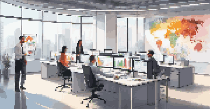 A modern office with a digital dashboard showing colorful graphs and charts, professionals collaborating around it.